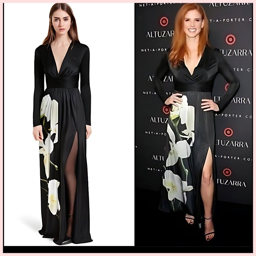 NWT ALTUZARRA Maxi Dress Black Silky Retro Vibe 70's Boho Floral Hippie • Small - Picture 2 of 4
